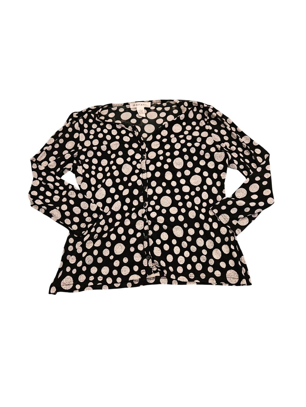 Rafael Womens Large Black White Polka Dot Sheer Blouse Button Front Stretch